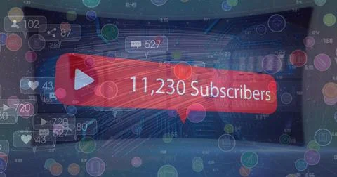 Speech bubble with subscribers text with increasing numbers against light trails Stock Photos