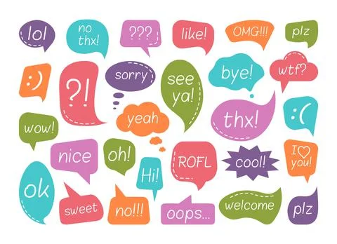 Speech bubble with talk phrase set isolated on white Stock Illustration
