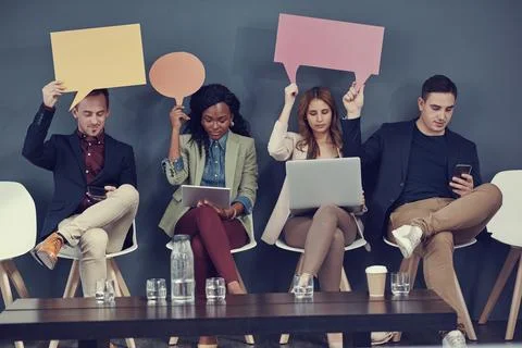 Speech bubble, tech and people in waiting room, line for job interview and .. Stock Photos