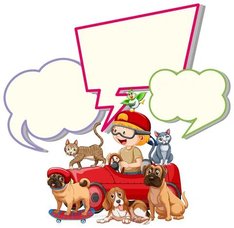 Speech bubble template with boy and dogs Stock Illustration