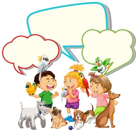 Speech bubble template with kids and pets Stock Illustration