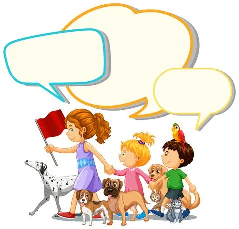 Speech bubble template with kids and pets Stock Illustration