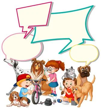 Speech bubble template with kids and pets Stock Illustration