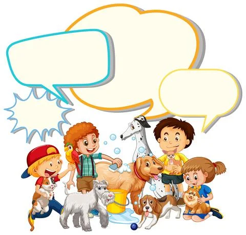 Speech bubble template with kids and pets Stock Illustration