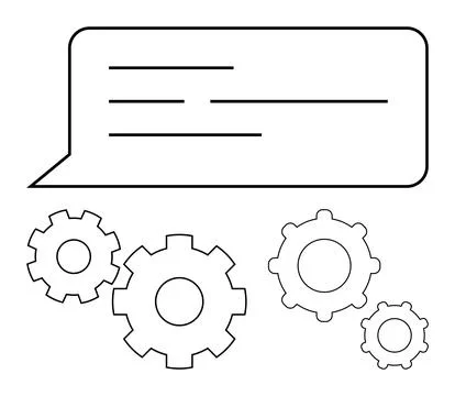 Speech bubble with text lines above interconnected gears, symbolizing commu.. Stock Illustration