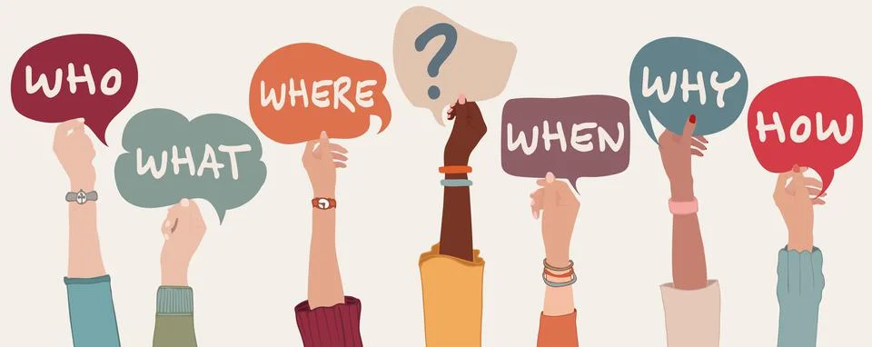 Speech bubble with text Who What Where When Why How and question mark. Stock Illustration