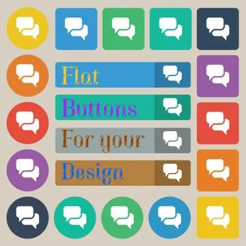 Speech bubble, Think cloud icon sign. Set of twenty colored flat, round, square Illustrazione stock