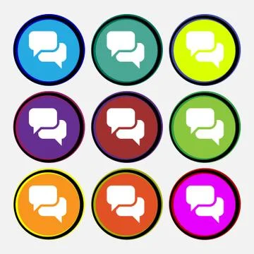 Speech bubble, Think cloud icon sign. Nine multi-colored round buttons. Stock Illustration