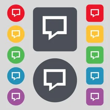 Speech bubble, Think cloud icon sign. A set of 12 colored buttons. Flat design. Stock Illustration