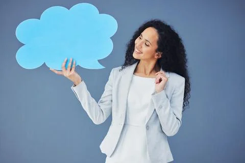 Speech bubble, thought and comment icon by businesswoman thinking with mockup Stock Photos