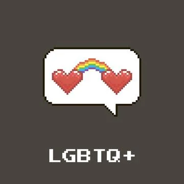 Speech bubble with two abstract red hearts which are connected by a lgbt rainbow Illustrazione stock