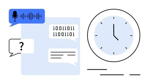 Speech bubble with voice input, binary code, text messages, and question mark Stock Illustration