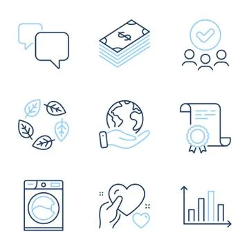 Speech bubble, Washing machine and Diagram graph icons set. Organic tested Illustrazione stock