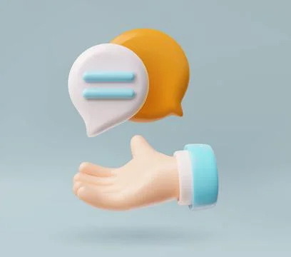 Speech bubbles above outstretched hand palm 3D vector, volume render glossy Illustrazione stock