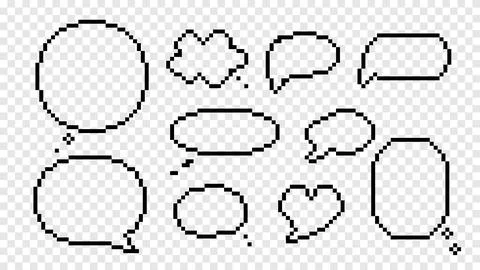 Speech bubbles and clouds pixel isolated icons. Frame empty black sketches with Illustrazione stock