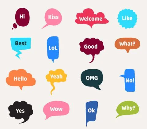 Speech bubbles. Cartoon clouds with interrogative and greeting short phrases Stock Illustration