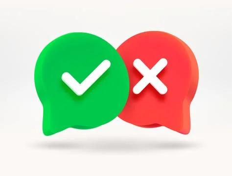 Speech bubbles with checkmark and cross. 3d vector illustration Stock Illustration