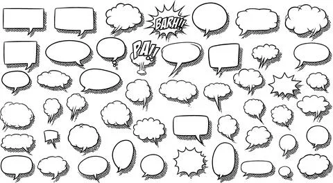 Speech Bubbles Collection: Hand-Drawn Comic Style Dialogue Boxes with Shadows Stock Illustration
