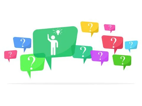 Speech bubbles with colorful question marks and problem solvers Stock Illustration
