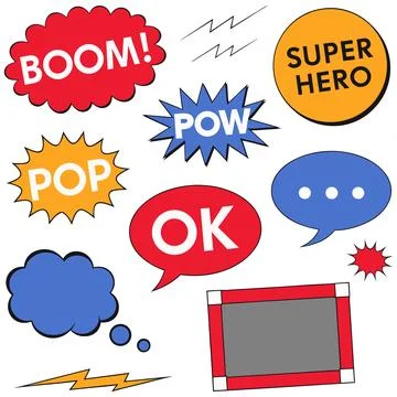Speech bubbles with comic book words, BOOM, POW, OK, POP. Stock Illustration