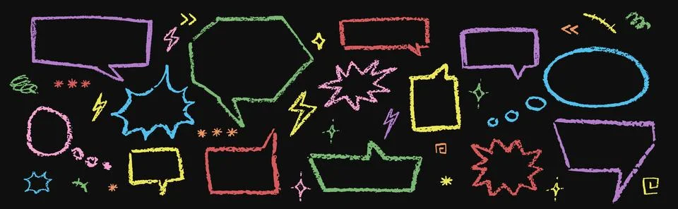 Speech bubbles crayon set. Collection of hand drawn chalk lightning, flash Illustrazione stock