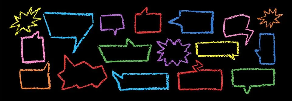 Speech bubbles crayon set. Collection of hand drawn chalk lightning, flash Stock Illustration