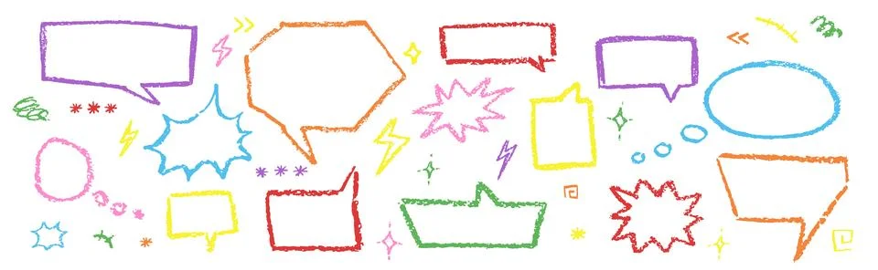 Speech bubbles crayon set. Collection of hand drawn chalk lightning, flash Illustrazione stock