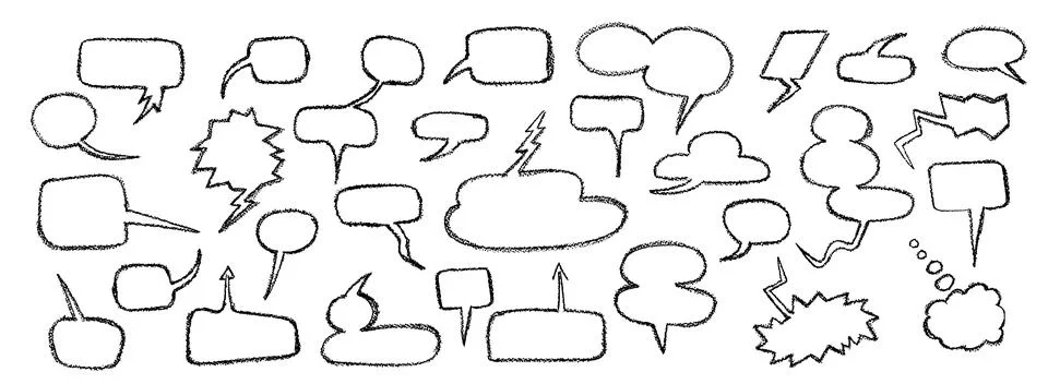 Speech bubbles crayon set. Collection of hand drawn chalk elements. Cute child Stock Illustration
