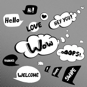 Speech bubbles with different expressions on grey halftone background Stock Illustration