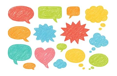 Speech bubbles doodle drawn crayons. Pencil talk speech cloud balloon box 스톡 일러스트