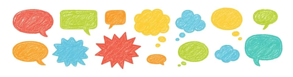 Speech bubbles doodle drawn crayons. Pencil talk speech cloud balloon box 스톡 일러스트