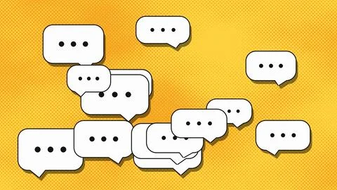 Speech bubbles with dots conversation icons floating on bright yellow backg.. Stock Illustration