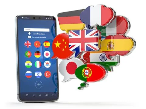 Speech bubbles with flags. Dictionary, translating  and learning languages .. Stock Illustration