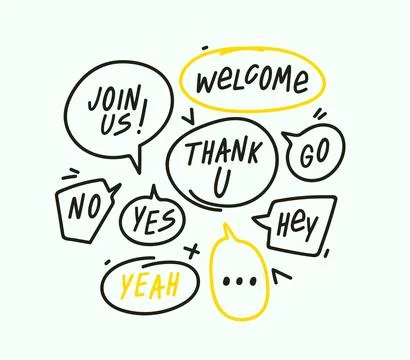 Speech bubbles in flat hand drawn design with short messages. Cute Comic Style Stock Illustration