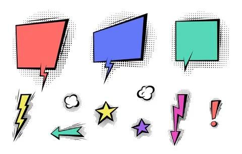 Speech bubbles with halftone shadows in cartoon, comic style. Illustrazione stock