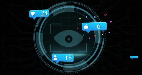 Speech bubbles with increasing numbers and cyber security text on round scanner Stock Illustration