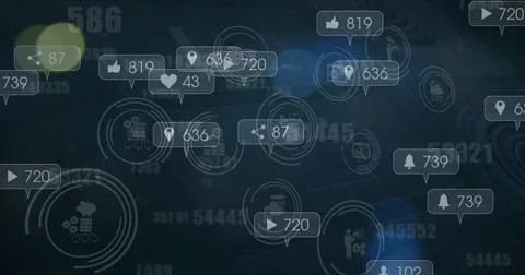 Speech bubbles with increasing numbers over digital icons and spots of light on 스톡 사진