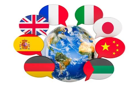 Speech bubbles with international flags around Earth. Languages, translatio.. Stock Illustration