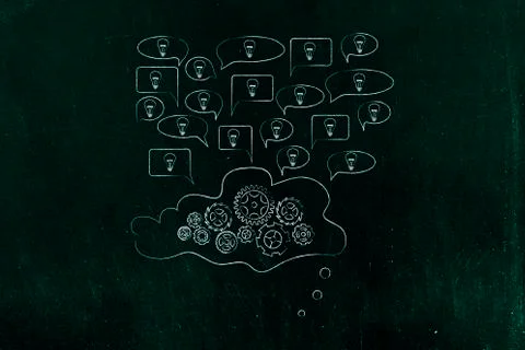 Speech bubbles with light bulbs popping out of a cloud with gearwheel mechani イラスト素材