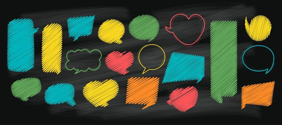 Speech bubbles multi-colored chalk on black board. Cloud for text, empty ge.. Illustrazione stock