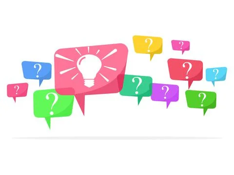 Speech bubbles with multicolored question marks and light bulbs symbolize tho Stock Illustration