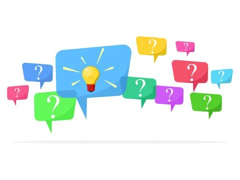 Speech bubbles with multicolored question marks and light bulbs symbolize tho Stock Illustration