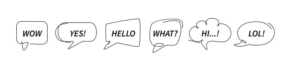 Speech bubbles one line design. Continuous lines messages clouds, various Illustrazione stock
