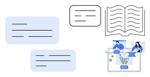 Speech bubbles, open book, and online shopping interface with people adding t Stock Illustration
