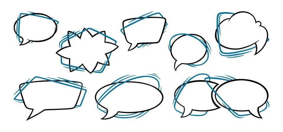 Speech bubbles in oval, rectangular and star shapes. Outline speech boxes Stock Illustration