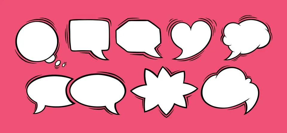 Speech bubbles in oval, rectangular, heart and star shapes. Set of speech boxes Stock Illustration