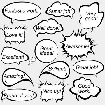 Speech bubbles with positive feedback messages Stock Illustration