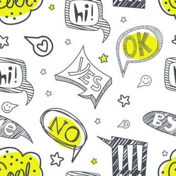 Speech Bubbles Seamless Pattern with Different Words, Design Element Can Be Used Illustrazione stock