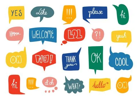 Speech bubbles set. Bright colorful shapes with text. Decorative communicat.. Stock Illustration