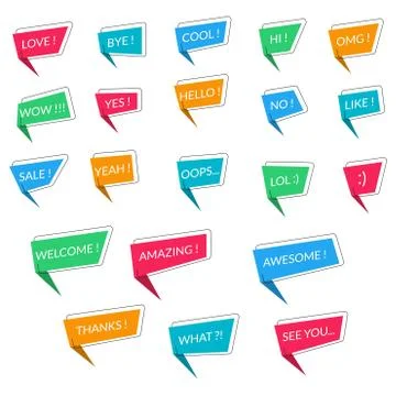 Speech bubbles set with short messages. Talk or Speak graphic shapes with text Illustrazione stock